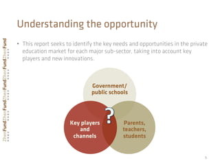 5	
  
Understanding the opportunity
•  This report seeks to identify the key needs and opportunities in the private
education market for each major sub-sector, taking into account key
players and new innovations.
Government/
public schools
Parents,
teachers,
students
Key players
and
channels
 