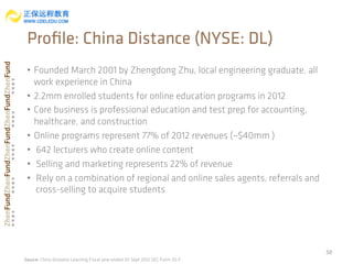 •  Founded March 2001 by Zhengdong Zhu, local engineering graduate, all
work experience in China
•  2.2mm enrolled students for online education programs in 2012
•  Core business is professional education and test prep for accounting,
healthcare, and construction
•  Online programs represent 77% of 2012 revenues (~$40mm )
•  642 lecturers who create online content
•  Selling and marketing represents 22% of revenue
•  Rely on a combination of regional and online sales agents, referrals and
cross-selling to acquire students
50	
  
Proﬁle: China Distance (NYSE: DL)
Source: China Distance Learning Fiscal year ended 30 Sept 2012 SEC Form 20-F,
 