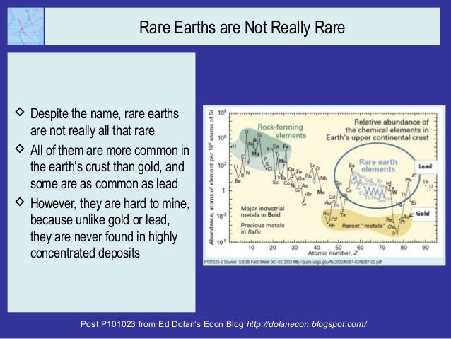 Rare Earths are Not Really Rare
 Despite the name, rare earths
are not really all that rare
 All of them are more common...
