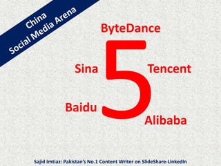 Baidu
Alibaba
TencentSina
ByteDance
Sajid Imtiaz: Pakistan’s No.1 Content Writer on SlideShare-LinkedIn
 