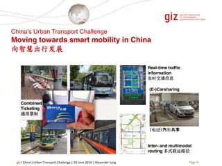 Page 14giz I China’s Urban Transport Challenge | 03 June 2016 | Alexander Jung
Real-time traffic
information
实时交通信息
Inter- and multimodal
routing 多式联运路径
(E-)Carsharing
Combined
Ticketing
通用票制
（电动）汽车共享
China’s Urban Transport Challenge
Moving towards smart mobility in China
向智慧出行发展
 