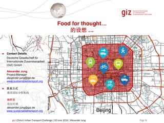 Page 18giz I China’s Urban Transport Challenge | 03 June 2016 | Alexander Jung
Food for thought…
的设想 …
Contact Details
Deutsche Gesellschaft für
Internationale Zusammenarbeit
(GIZ) GmbH
Alexander Jung
Project Manager
alexander.jung@giz.de
www.sustainabletransport.org
联系方式
德国国际合作机构
杨阿里
项目经理
alexander.jung@giz.de
www.sustainabletransport.org
 