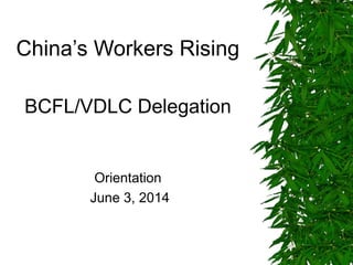 China’s Workers Rising
BCFL/VDLC Delegation
Orientation
June 3, 2014
 