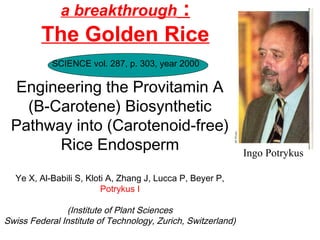 a breakthrough :
The Golden Rice
Engineering the Provitamin A
(B-Carotene) Biosynthetic
Pathway into (Carotenoid-free)
Rice Endosperm
Ye X, Al-Babili S, Kloti A, Zhang J, Lucca P, Beyer P,
Potrykus I
(Institute of Plant Sciences
Swiss Federal Institute of Technology, Zurich, Switzerland)
SCIENCE vol. 287, p. 303, year 2000
Ingo Potrykus
 