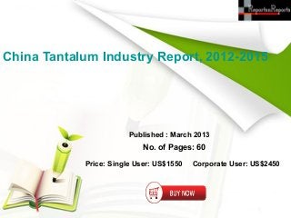 China Tantalum Industry Report, 2012-2015




                        Published : March 2013
                            No. of Pages: 60

            Price: Single User: US$1550   Corporate User: US$2450
 