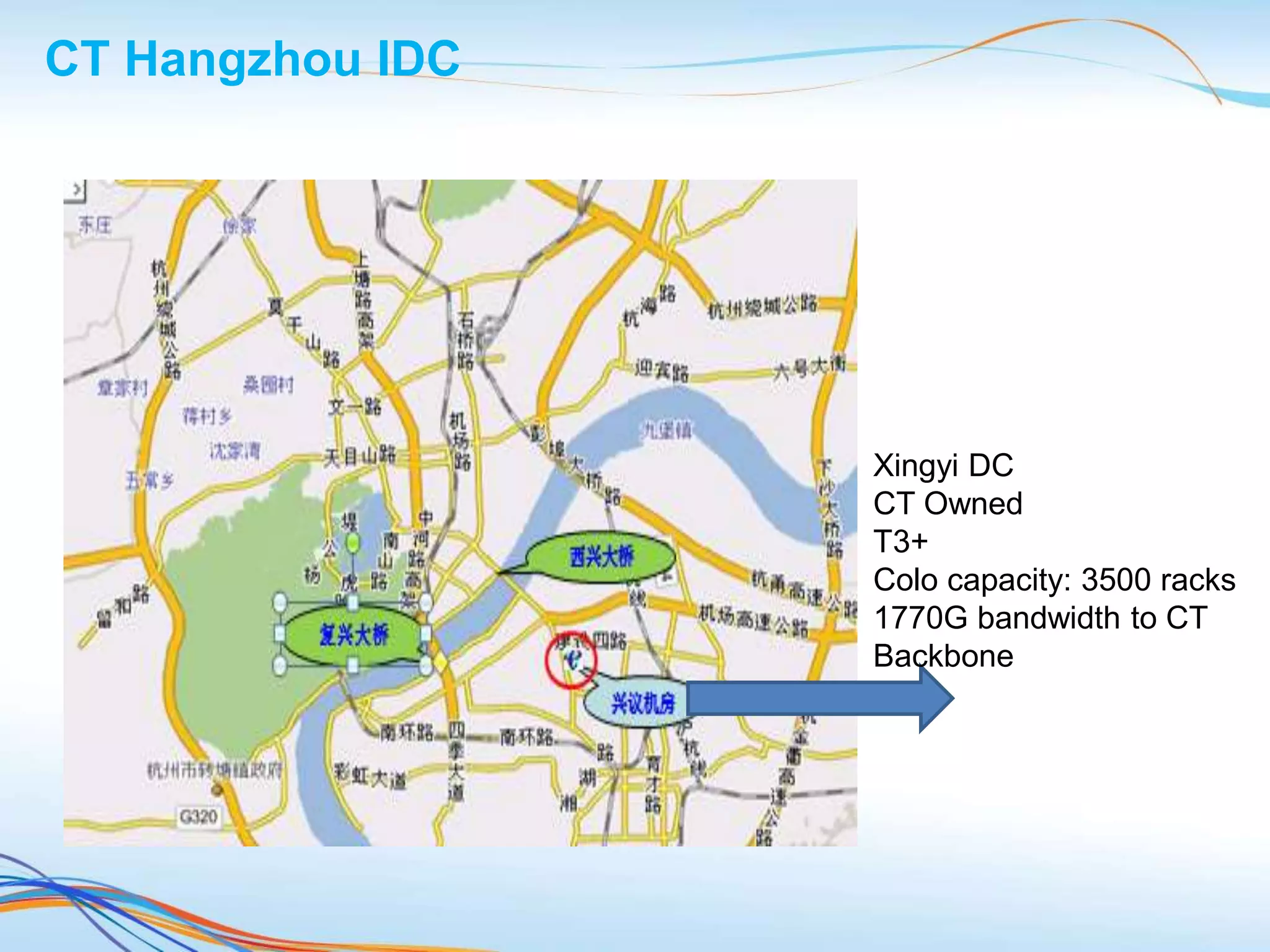 CT Hangzhou IDC
Xingyi DC
CT Owned
T3+
Colo capacity: 3500 racks
1770G bandwidth to CT
Backbone
 