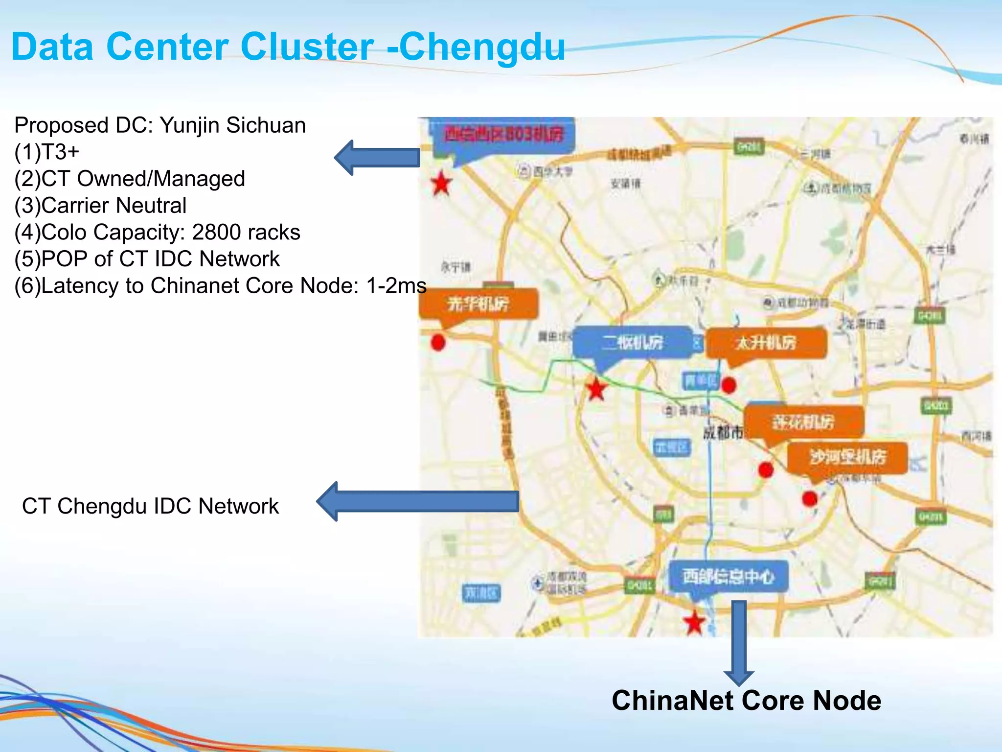 Data Center Cluster -Chengdu
Proposed DC: Yunjin Sichuan
(1)T3+
(2)CT Owned/Managed
(3)Carrier Neutral
(4)Colo Capacity: 2800 racks
(5)POP of CT IDC Network
(6)Latency to Chinanet Core Node: 1-2ms
CT Chengdu IDC Network
ChinaNet Core Node
 