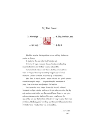 My Bird Dream
The bird stood at the edge of the ocean sniffing the breeze,
gazing at the sea.
It started to ﬂ y and lifted itself into the air.
It tried to fly high, even up to the sun. Smoke started curling
under its feathers and the heat became unbearable.
He turned back and dove into the sea. Bubbles streamed from
under his wings as he swooped in a large arc past deep undersea
creatures. Unable to breath, he curved up to the surface.
This time, in the air, he let a breeze lift him. He glided upward
without moving his wings…….Higher and higher until he had a
good view of the sun, now just over the horizon.
He was moving away toward the sun, but his body enlarged.
It rotated to align with the horizon, with one wing covering the sky
and another covering the sea. Larger and larger he grew, and more
and more transparent; the feathers of his upper wing became the
rays of the sun and the feathers of his lower wing became the waves
of the sea. His body grew very long and thin until it became the line
of the horizon. Finally, there was no more bird.
Joe Carter
1971
 