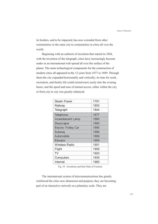 Aspects of Maturation
its borders, and to be impacted, has now extended from other
communities in the same city to communities in cities all over the
world.
Beginning with an outburst of invention that started in 1844,
with the invention of the telegraph, cities have increasingly become
nodes in an international web spread all over the surface of the
planet. The main technological components for the construction of
modern cities all appeared in the 12 years from 1877 to 1889. Through
them the city expanded horizontally and vertically; its time for work,
recreation, and family life could extend more easily into the evening
hours; and the speed and ease of mutual access, either within the city
or from city to city was greatly enhanced.
Fig. 10 Inventions and their Date of Creation
The international system of telecommunications has greatly
reinforced the cities new dimension and purpose; they are becoming
part of an interactive network on a planetary scale. They are
175
 