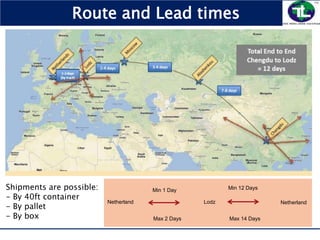 Shipments are possible:
- By 40ft container
- By pallet
- By box
Min 1 Day
Lodz
Min 12 Days
Max 2 Days Max 14 Days
Netherland Netherland
Route and Lead times
 