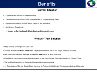Benefits
Current Situation
 Expensive Hub solution in the Netherlands
 Transportation to and from China expensive (Air) or long transit time (Sea)
 Immobilization of a lot of Cash flow in transit by sea shipments.
 High Freight Costs by Air.
 => Impact on Service Supply Chain Costs and Competitiveness
With Air-Train Solution
 Major savings on Freight and Cash Flow
 Savings of more than 4 to 8 times of Air Freight and more than half of sea freight inventory in transit
 Hub total costs in Poland are from 30% to 50% less than in NL Hub total costs
 Possibility to combine and consolidate shipments to and from China in Train then dispatch in EU or in China.
 The best freight solutions to Russia and Kazakhstan growing markets
 => Optimization of Service Supply Chain thanks to Air-Train and Hub/Bonded Warehouse in Lodz and Chengdu
 