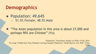 Demographics 
● Population: 49,645 
o 51.5% Female, 48.5% Male 
● “The Asian population in this area is about 27,000 and 
perhaps 90% are Chinese” (Yu) 
"Chinatown." Point2home. Point2, n.d. Web. 13 Oct. 2014. 
Yu, Long. "Unlike New York, Nobody's Leaving Chicago's Chinatown." Medill Reports. N.p. Web. 13 Oct. 
2014. 
 