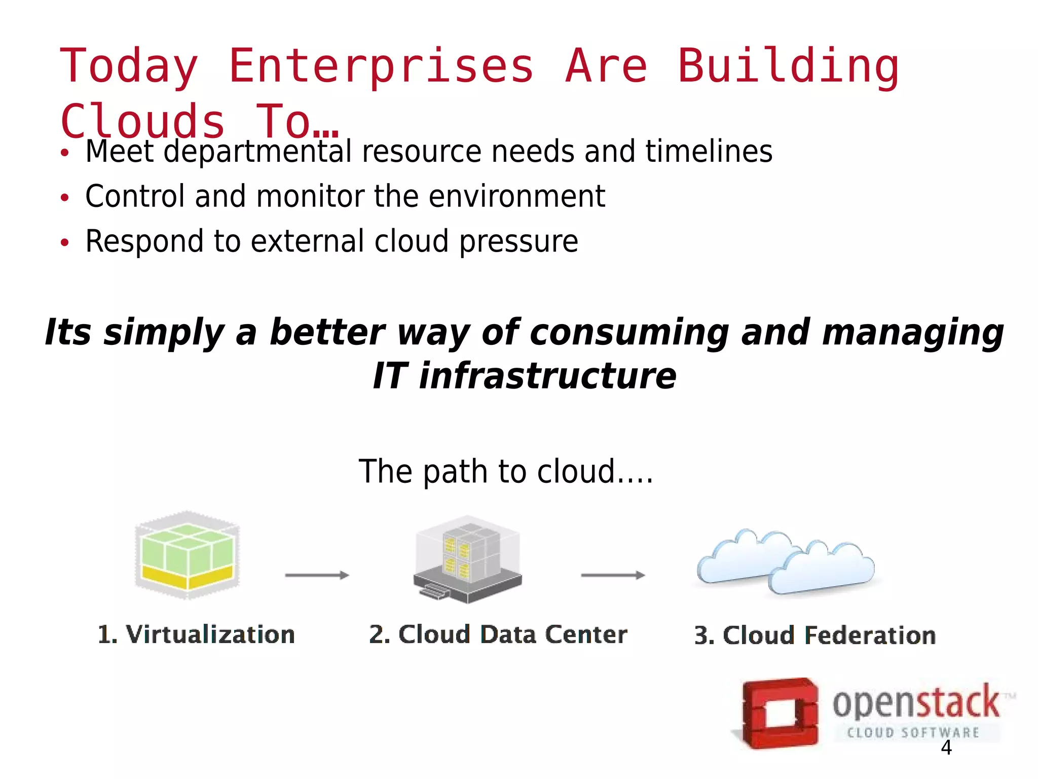Today Enterprises Are Building
Clouds To…
• Meet departmental resource needs and timelines
• Control and monitor the environment
• Respond to external cloud pressure

Its simply a better way of consuming and managing
                  IT infrastructure

                    The path to cloud….




                                                   4
 