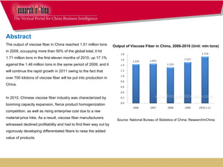 <ul><li>Output of Viscose Fiber in China, 2006-2010 (Unit: mln tons)  </li></ul><ul><li>Source: National Bureau of Statist...