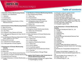 4. Sub-Sectors of Chinese Warehousing Industry 4.1 Grain Warehousing Industry 4.1.1 Status Quo 4.1.2 Characteristics 4.2 Low-Temperature Storage Industry 4.2.1 Refrigeratory Scale of Chinese Low-Temperature Storage Industry 4.2.2 Status Quo 4.2.3 Refrigeratory Investment Entity 4.2.4 Characteristics 4.3 Dangerous Goods Warehousing Industry 4.3.1 Status Quo of Enterprises 4.3.2 Characteristics 4.4 Other Sub-Sectors of Chinese Warehousing Industry 4.4.1 Auto Parts Warehousing Industry 4.4.1.1 Status Quo 4.4.1.2 Case Analysis 4.4.2 Appliance Warehousing Industry 4.4.2.1 Status Quo 4.4.2.2 Annto Logistics 4.4.2.3 Huashang Logistics 4.4.3 Warehousing Financial Services Industry 4.4.3.1 Overview 4.4.3.2 Financing Mode of Storage Pledge 5. Logistics Park Projects under Construction In Chinese Warehousing Industry 5.1 Sinotrans Dongwan Storage And Logistics Base in Fangchenggang, Guangxi 1. Overview of China Warehousing Industry 1.1 Definition and Classification 1.1.1 Definition 1.1.2 Classification 1.2 Enterprise Form 1.3 Status of Warehousing Industry in China National Economy 2. Environment of China Warehousing Industry 2.1 Macro-Economy 2.2 Policies Concerned 2.2.1 Key Policy 2.2.2 Analysis on Key Policies and Events 2.2.2.1 Management Measures for Grain And Oil Storage 2.2.2.2 Development Planning of Agricultural Cold Chain Logistics for 2011-2015 2.3 Demand Environment 2.3.1 Total Amount of Social Logistics 2.3.2 Total Expenses of Social Logistics 3. Development of Chinese Warehousing Industry 3.1 Market Size Forecast  3.2 Status Quo 3.2.1 Operation of Key Warehousing Enterprises 3.2.2 Recovery of Growth in Bonded Warehousing 3.3 Investments and Financing 3.4 Foreign Enterprises in Chinese Warehousing Industry Table of contents 5.2 Chengdu Longquan Logistics Center 5.3 Northeast Asia's Logistic Center 5.4 China Tea House Logistics Park 5.5 Shaoxing Modern Logistics Park 5.6 Duyun City Agricultural Logistics Park 5.7 Xinluo District Logistics Project In Longyan City 5.8 Large Road And Rail Logistics Park In Zibo City 5.9 Huli Large-Scale Logistics Park 5.10 Huangshi Logistics Park 6. Key Enterprises in Chinese Warehousing Industry 6.1 Zhongchu Development Stock Co., Ltd.  6.1.1 Profile  6.1.2 Operation  6.1.3 Warehousing  6.1.4 Strategy 6.2 Zhuhai Winbase International Chemical Tank Terminal Co., Ltd. 6.2.1 Profile 6.2.2 Operation 6.2.3 Warehousing  6.2.4 Strategy 6.3 Jiangsu Feiliks International Logistics Inc. 6.4 Zhangjiagang Freetrade Science And Technology Co., Ltd. 6.5 Sinotrans Air Transportation Development Co., Ltd. 6.6 Jiangsu Xinning Modern Logistics Co., Ltd. 6.7 Shenzhen Feima International Supply Chain Co., Ltd. 6.8 Liaoning Baike Group (Holding) Co., Ltd. 6.9 Tianjin Teda Co., Ltd. 6.10 Oriental Energy Co., Ltd. 