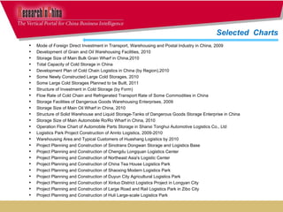 Mode of Foreign Direct Investment in Transport, Warehousing and Postal Industry in China, 2009 Development of Grain and Oil Warehousing Facilities, 2010 Storage Size of Main Bulk Grain Wharf in China,2010 Total Capacity of Cold Storage in China Development Plan of Cold Chain Logistics in China (by Region),2010 Some Newly Constructed Large Cold Storages, 2010 Some Large Cold Storages Planned to be Built, 2011 Structure of Investment in Cold Storage (by Form) Flow Rate of Cold Chain and Refrigerated Transport Rate of Some Commodities in China Storage Facilities of Dangerous Goods Warehousing Enterprises, 2009 Storage Size of Main Oil Wharf in China, 2010 Structure of Solid Warehouse and Liquid Storage-Tanks of Dangerous Goods Storage Enterprise in China Storage Size of Main Automobile Ro/Ro Wharf in China, 2010 Operation Flow Chart of Automobile Parts Storage in Shanxi Tonghui Automotive Logistics Co., Ltd Logistics Park Project Construction of Annto Logistics, 2009-2010 Warehousing Area and Typical Customers of Huashang Logistics by 2010 Project Planning and Construction of Sinotrans Dongwan Storage and Logistics Base Project Planning and Construction of Chengdu Longquan Logistics Center Project Planning and Construction of Northeast Asia's Logistic Center Project Planning and Construction of China Tea House Logistics Park Project Planning and Construction of Shaoxing Modern Logistics Park Project Planning and Construction of Duyun City Agricultural Logistics Park Project Planning and Construction of Xinluo District Logistics Project in Longyan City Project Planning and Construction of Large Road and Rail Logistics Park in Zibo City Project Planning and Construction of Huli Large-scale Logistics Park Selected  Charts  