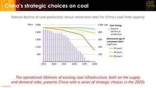 © OECD/IEA 2017
China’s strategic choices on coal
Natural decline of coal production versus retirement rates for China’s coal-fired capacity
The operational lifetimes of existing coal infrastructure, both on the supply
and demand sides, presents China with a series of strategic choices in the 2020s
200
400
600
800
1 000
600
1 200
1 800
2 400
3 000
2015 2020 2025 2030 2035 2040
50 years
40 years
30 years
Retirement ageof
coalpower plant
(rightaxis):
Natural
decline of
production
Coal mining:Mtce GW
 