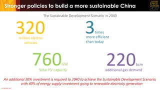 © OECD/IEA 2017
Stronger policies to build a more sustainable China
220bcm
additional gas demand
3times
more efficient
than today
760GW
Solar PV capacity
320million electric
vehicles
An additional 30% investment is required to 2040 to achieve the Sustainable Development Scenario,
with 40% of energy supply investment going to renewable electricity generation
The Sustainable Development Scenario in 2040
 
