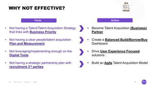 8
WHY NOT EFFECTIVE?
• Not having a Talent/Talent Acquisition Strategy
that links with Business Priority
• Not having a clear people/talent acquisition
Plan and Measurement
• Not leveraging/implementing enough on the
Digital Tools
• Not having a strategic partnership plan with
recruitment 3rd parties
• Become Talent Acquisition (Business)
Partner
• Create a Balanced Build/Borrow/Buy
Dashboard
• Drive User Experience Focused
solutions .
• Build an Agile Talent Acquisition Model
Action
s
Facts
 