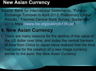 New Asian Currency
Source: Bank for International Settlements, “Foreign
Exchange Turnover in April 2013: Preliminary Global
Results,” Triennial Central Bank Survey, September
2013, https://www.bis.org/publ/rpfx13fx.pdf.
4. New Asian Currency
• There are many reasons for the decline of the value of
the US dollar over time, and today the central bankers
of Asia from China to Japan have realized that the time
has come for the creation of a new mega currency
similar to the euro: the New Asian Currency
 