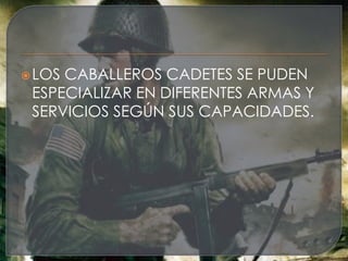 LOSCABALLEROS CADETES SE PUDEN
 ESPECIALIZAR EN DIFERENTES ARMAS Y
 SERVICIOS SEGÚN SUS CAPACIDADES.
 