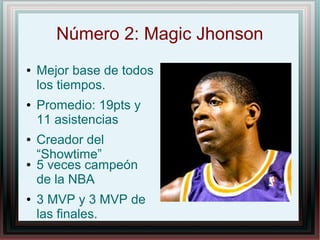 Número 2: Magic Jhonson
●

●

●

●

●

Mejor base de todos
los tiempos.
Promedio: 19pts y
11 asistencias
Creador del
“Showtime”
5 veces campeón
de la NBA
3 MVP y 3 MVP de
las finales.

 