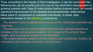 Thus, according to the results of this investigation, it can be concluded that
following the use of occipital pull chin cup for the short-term management of
growing patients with Class III malocclusion before pubertal spurt, an overall
significant improvement of the skeletal and dentoalveolar relationships
takes place in comparison to untreated individuals. In detail, data
elaboration leaded to the following conclusions:
- The skeletal Class III sagittal relationships of the maxilla and mandible are
improved.
- The skeletal Class III vertical relationships are also affected towards an
increase of the vertical growth pattern, an increase of the anterior face
height, and/ or posterior rotation of the mandible.
- The antero-posterior relations of the maxillary and mandibular incisors, as
indicated by the increase of overjet, are improved.
 