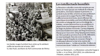 Les Gardes rouges humilient leurs aînés qu’ils exhibent
coiffés de bonnets de la honte, 1967.
Ici, Bao Huali, secrétaire du Parti communiste de l’Anhui.
Jean-Luc Domenach, « La Révolution culturelle frappe à
la tête », in La Chine, 1912-2012, Les collections de
l’Histoire, octobre 2012, p.55.
 