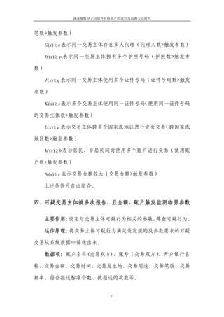 我国腐败分子向境外转移资产的途径及监测方法研究



笔数>触发参数）

     G ( x) ≥ n 表示同一交易主体存在多人代理（代理人数>触发参数）

     H ( x) ≥ p 表示同一交易主体拥有多个护照号码（护照数>触发参

数）

     J ( x) ≥ q 表示同一交易主体使用多个证件号码（证件号码数>触发

参数）

     K ( x) ≥ s 表示多个交易主体使用同一证件号码（使用同一证件号码

的交易主体数>触发参数）

     L( x) ≥ a 表示交易主体跨多个国家或地区进行资金交易（跨国家或

地区数>触发参数）

     M ( x) ≥ b 表示居民、非居民同时使用多个账户进行交易（使用账

户数>触发参数）

     N ( x) ≥ c 表示交易金额较大（交易金额>触发参数）

  上述条件可自由组合。


四、可疑交易主体被多次报告，且金额、账户触发监测临界参数

  主要作用：设定与交易主体可疑行为相关的参数，筛查可疑行为。

  运作原理：将交易主体可疑行为满足设定规则及参数要求的可疑

交易从系统数据中筛选出来。

     数据项：账户名称(交易双方)、账号（交易双方）、开户银行名

称、交易金额、交易时间、交易发生地、交易用途、交易笔数、交易

频率、符合报送标准个数、被报送的次数等。


                       51
 