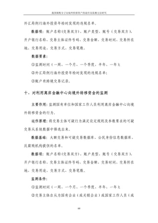 我国腐败分子向境外转移资产的途径及监测方法研究



外汇局例行海外投资年检时发现的违规名单。

 数据项：账户名称(交易双方)、账户类型、账号（交易双方）、

开户银行名称、交易主体证件号码、交易金额、交易时间、交易所在

地、交易用途、交易方式、交易笔数。

  数据要素：

  ①监测时间（一周、一个月、一个季度、半年、一年）；

  ②外汇局例行海外投资年检时发现的违规名单；

  ③账户有跨境交易记录。


十、对利用离岸金融中心向境外转移资金的监测

  主要作用：监测国有单位和国家工作人员利用离岸金融中心向境

外转移资金的行为。

  运作原理：将交易主体可疑行为满足设定规则及参数要求的可疑

交易从系统数据中筛选出来。

 数据基础：大额交易和可疑交易数据库、公民身份信息数据库、

反腐败机构提供的名单。

 数据项：账户名称(交易双方)、账户类型、账号（交易双方）、

开户银行名称、交易主体证件号码、交易金额、交易时间、交易所在

地、交易用途、交易方式、交易笔数。

 监测条件：

  ①监测时间（一周、一个月、一个季度、半年、一年）；

  ②交易主体自从为国有企业（或关联企业）或国家工作人员（或


                     60
 