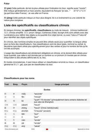 Futur

要 (yào) Cette particule, de loin la plus utilisée pour l'indication du futur, signifie aussi "vouloir".
Elle indique généralement un futur proche, équivalent du français "je vais..."         我*要*去*法国
(je-part.futur-aller-France) : Je vais aller en France.

将 (jiāng) Cette particule indique un futur plus éloigné, lié à un événement ou une volonté de
nature plus complexe

Liste des spécificatifs ou classificateurs chinois
En langue chinoise, les spécificatifs, classificateurs ou mots de mesure (chinois traditionnel:
量詞; chinois simplifié: 量词; pinyin: liàngcí; Cantonais (Yale): leung4 chi4) sont utilisés avec des
numérations pour définir des objets ou la quantité d'un objet donné, ou avec "celui-ci"/"celui-là"
pour identifier des objets spécifiques.

En chinois, des nombres simples ne peuvent être utilisés seuls pour quantifier; la langue utilise
pour ce faire des classificateurs. Ces classificateurs sont de deux types, nominal ou verbal, le
deuxième type étant utilisé plus spécifiquement pour des verbes et pour le nombre de fois qu'ils
ont été accomplis.

L'usage des classificateurs est strictement obligatoire en chinois, et ils doivent être utilisés pour
toute quantité, que celle-ci soit donnée par un nombre ou un pronom (il n'existe pas en chinois
d'équivalent à des articles définis tels le, la, les).

En toutes circonstances, il vaut mieux utiliser un classificateur erronné ou mieux, un classificateur
général tel 個 (个, gè), que pas de classificateur du tout.




Classificateurs pour les noms

Trad.        Simp.       Pinyin                                 Usage principal

                                                   Durées

秒            秒           miǎo          "seconde"
分            分           fēn           "minute"
                                       "quart","15 minutes" (principalement dans certains dialectes tel
刻            刻           kè
                                       que celui de Shanghaï)
小時           小时          xiǎoshí       "heure"
鐘            钟           zhōng         "heure" (Chine méridionnale)
時辰           时辰          shíchén       "2 heures" (ancient)
天            天           tiān          "jour"
日            日           rì            "jour"
年            年           nián          "année"
載            载           zǎi           "année"
世紀           世纪          shìjì         "siècle"
Chine-informations.com             32/44                                                    Apprendre le chinois
 