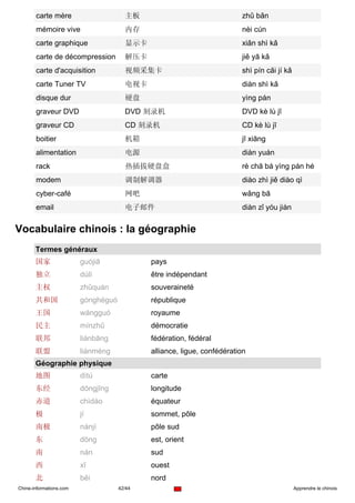 carte mère                      主板                                zhǔ bǎn
       mémoire vive                    内存                                nèi cún
       carte graphique                 显示卡                               xiǎn shì kǎ
       carte de décompression          解压卡                               jiě yā kǎ
       carte d'acquisition             视频采集卡                             shì pín cǎi jí kǎ
       carte Tuner TV                  电视卡                               diàn shì kǎ
       disque dur                      硬盘                                yìng pán
       graveur DVD                     DVD 刻录机                           DVD kè lù jī
       graveur CD                      CD 刻录机                            CD kè lù jī
       boitier                         机箱                                jī xiāng
       alimentation                    电源                                diàn yuán
       rack                            热插拔硬盘盒                            rè chā bá yìng pán hé
       modem                           调制解调器                             diào zhì jiě diào qì
       cyber-café                      网吧                                wǎng bā
       email                           电子邮件                              diàn zǐ yóu jiàn


Vocabulaire chinois : la géographie
       Termes généraux
       国家                guójiā              pays
       独立                dúlì                être indépendant
       主权                zhǔquán             souveraineté
       共和国               gònghéguó           république
       王国                wángguó             royaume
       民主                mínzhǔ              démocratie
       联邦                liánbāng            fédération, fédéral
       联盟                liánméng            alliance, ligue, confédération
       Géographie physique
       地图                dìtú                carte
       东经                dōngjīng            longitude
       赤道                chìdào              équateur
       极                 jí                  sommet, pôle
       南极                nánjí               pôle sud
       东                 dōng                est, orient
       南                 nán                 sud
       西                 xī                  ouest
       北                 běi                 nord
Chine-informations.com               42/44                                                   Apprendre le chinois
 