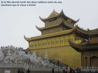 2) la fille devrait sortir les deux cailloux noirs du sac, montrant que le vieux a triché  