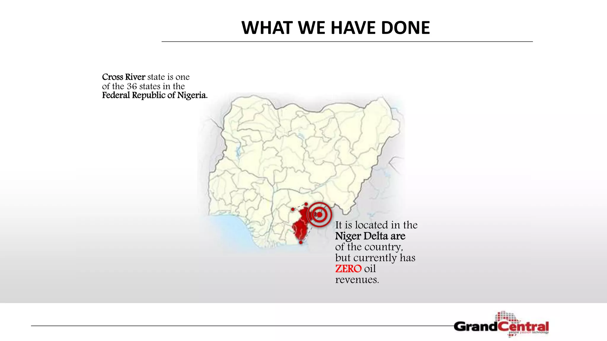 Cross River state is one
of the 36 states in the
Federal Republic of Nigeria.
It is located in the
Niger Delta are
of the country,
but currently has
ZERO oil
revenues.
WHAT WE HAVE DONE
 