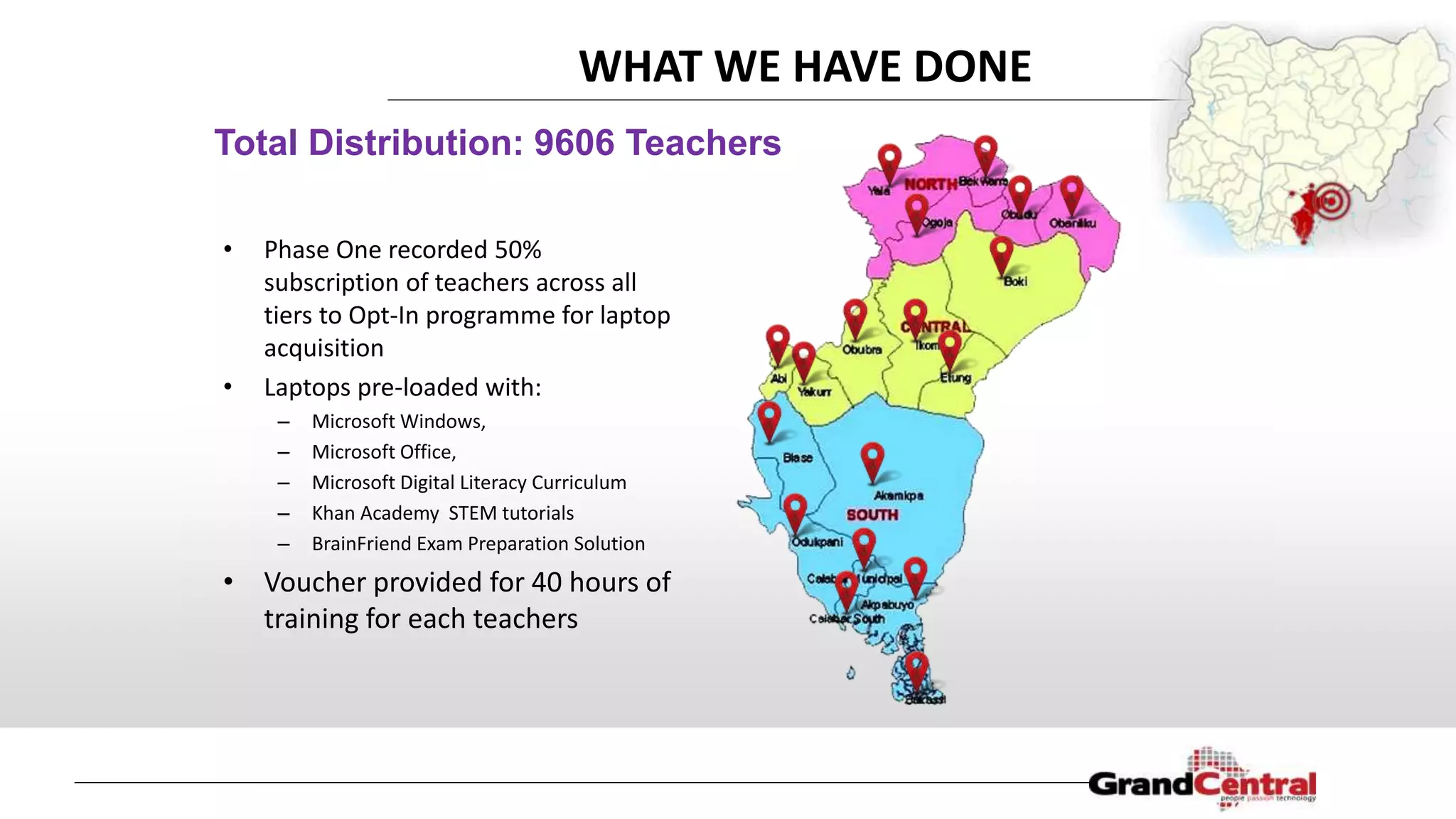 Total Distribution: 9606 Teachers
WHAT WE HAVE DONE
• Phase One recorded 50%
subscription of teachers across all
tiers to Opt-In programme for laptop
acquisition
• Laptops pre-loaded with:
– Microsoft Windows,
– Microsoft Office,
– Microsoft Digital Literacy Curriculum
– Khan Academy STEM tutorials
– BrainFriend Exam Preparation Solution
• Voucher provided for 40 hours of
training for each teachers
 