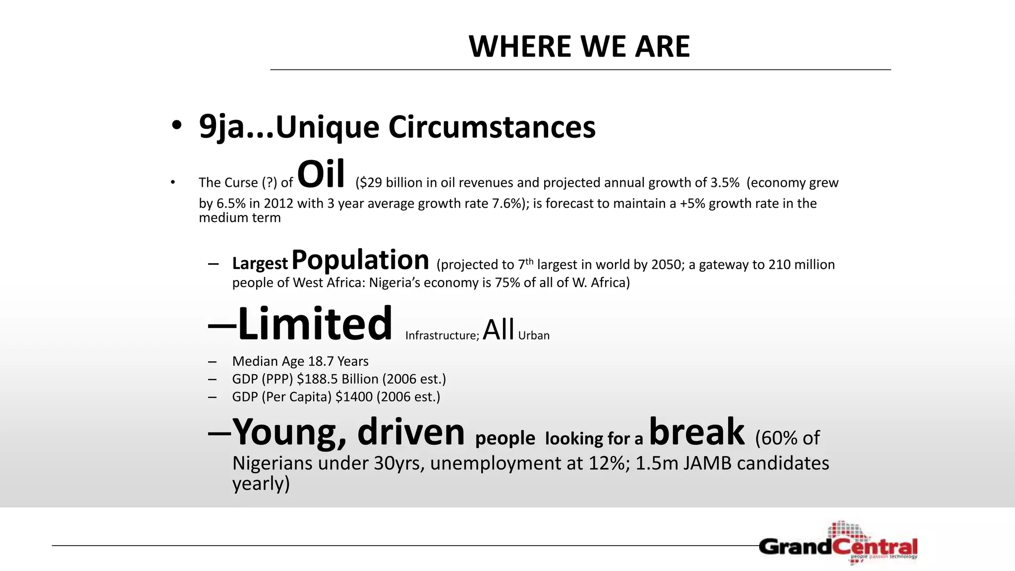 • 9ja...Unique Circumstances
• The Curse (?) of Oil ($29 billion in oil revenues and projected annual growth of 3.5% (economy grew
by 6.5% in 2012 with 3 year average growth rate 7.6%); is forecast to maintain a +5% growth rate in the
medium term
– LargestPopulation (projected to 7th largest in world by 2050; a gateway to 210 million
people of West Africa: Nigeria’s economy is 75% of all of W. Africa)
–Limited Infrastructure; AllUrban
– Median Age 18.7 Years
– GDP (PPP) $188.5 Billion (2006 est.)
– GDP (Per Capita) $1400 (2006 est.)
–Young, driven people looking for a break (60% of
Nigerians under 30yrs, unemployment at 12%; 1.5m JAMB candidates
yearly)
WHERE WE ARE
 