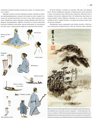 • 103
положения: меньшего размера человек несет вещи, что означает разли-
чие в статусе.
Музыкант, одетый в длинное струящееся одеяние, намекает на прият-
ное времяпрепровождение, циновка, на которой он сидит, говорит о на-
личии слуг, которые расстилают ее и носят за ним. Для создания впечат-
ления спокойствия, другие маленькие сидящие фигурки могут быть изо-
бражены медитирующими. Обратите внимание на слегка намеченные
различные повороты голов людей, занятых медитацией: на этом рисунке:
они дают знать о происходящем вокруг без дополнительных деталей.
Взгляд вниз
Игранаинстру-
менте
Взгляд вверх
Медитация
Рыбак налодке
Сампан (китай-
ская лодка)
В основе пейзажа с соснами на странице 104 лежит идея Дженни
Скотт. На нем изображены водопады и искривленные сосны, растущие
в горах, отступающих вдаль. Вначале был нарисован передний план, к
которому постепенно добавлялся фон. До добавления цвета была за-
кончена работа тушью. Обратите внимание на то, как крона сосны
изгибается вниз с каждой стороны, в то время как водопад задает гори-
зонтальное движение.
Раскрашивая сосны, удерживайте цвет внутри иголочек, чтобы уси-
лить впечатление остроконечности. Или же позвольте цвету выходить
Удаляющиесялодки
МаленькийпейзажДжозефаЛонарисованнаформатированнойбумаге,
что придает иное качестволиниям и штрихам - почтиморозным и до-
вольно«холодным».Пейзажможнорисоватьнасамыхразныхбумагах,но
твердыйсортпозволяетнаноситьнесколькослоевкраски.Еслирисуете
акварельнымикрасками,беритепористую,хорошовпитывающуюбумагу
 