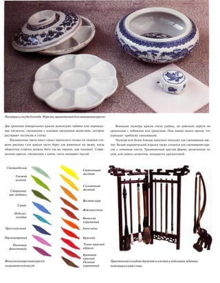 Палитрыисосудыдляводы.Изразец,применяемыйдлясмешиваниякрасок
Для хранения минеральных красок используют тюбики или порошко-
вые пигменты, смешанные с клеевым связующим веществом, которые
растирают пестиком в ступке.
Насыщенные цвета имеет смысл применять только на лицевой сто-
роне рисунка (эти краски часто берут для живописи по шелку, когда
оборотная сторона должна быть так же хороша, как лицевая). Совре-
менные краски, смешанные с клеем, часто называют пастой.
Японские палитры красок очень удобны, но довольно дороги по
сравнению с тюбиками или гранулами. Они имеют много цветов, что
упрощает проблему смешивания.
Палитра или белое блюдце идеально подходят для смешивания цве-
тов. Белый керамический изразец также сгодится для смешивания кра-
сок с помощью кисти. Традиционная круглая форма, разделенная на
семь или девять сегментов, называется хризантемой.
Свежийбелый
Свежий
зеленый
Старинная
ярь-медянка
Синий
Небесно-
голубой
Прусскийсиний
Перламутровый
Пионовый
фиолетовый
Японскиеакварельныекраски
вкерамическойпосуде
Сверкающий
желтый
Соломенный
желтый
Желтая охра
Жженаясиена
Японский
коричневый
Алая сиена
Красный
Темно-красный
абрикос
Кровавый
красный
Осенний
коричневый
Практичный складной держатель кистей и неболыиаязабавная
подставкаввидеслона
 