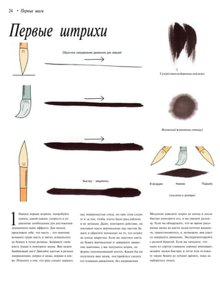 24 • Первые шаги
Первые штрихи
Обратное направление движения для левшей
Быстро - медленно
1
Нанося первые штрихи, попробуйте
понять, какой нажим, скорость и уп-
равление необходимы для достижения
задуманного вами эффекта. Для начала
представьте себе, что кисть - это маятник:
возьмите сухую кисть и мягко дотроньтесь
до бумаги в точке размаха. Заправьте свою
кисть тушью и повторите мазок. Вам нужен
бамбуковый лист! Двигайте кистью в разных
направлениях, вперед и назад, вправо и вле-
во. Помните о том, что руку следует держать
над поверхностью стола, но при этом следи-
те и за тем, чтобы плечо было расслаблено
и не затекало. Далее, повторите действие, но
поставьте кисть вертикально над листом бу-
маги и обратите внимание на то, что штрих
на конце закруглен. Если вы опустите кисть
на бумагу вертикально и завершите движе-
ние маятника, у вас получится штрих, по
форме напоминающий ноготь. Каким бы ни
получился ваш мазок, постарайтесь сделать
его плавным движением, без напряжения.
Сухой(стволыдеревьев,пейзаж)
Влажный(животные,птицы)
В воздухе Нажим
(касание в центре)
Подъем
Медленно доведите штрих до конца и после
быстро повторите его, и вы увидите разни-
цу. Если вы обнаружите, что во время рисо-
вания мазка на кисти недостаточно жидкос-
ти, приостановитесь, и, возможно, вам удаст-
ся завершить движение. Экспериментируйте
с разной бумагой. Если вы находите, что
один из сортов слишком хорошо впитывает,
делайте мазки быстрее и легче или отложи-
те такую бумагу до лучших времен, пока не
наберетесь опыта.
 