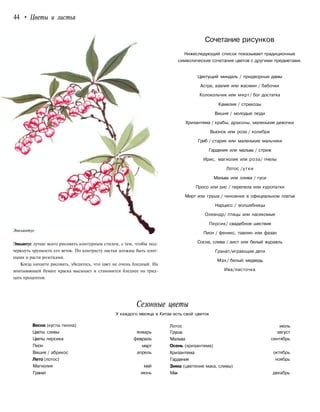 44 • Цветы и листья
Энкьянтус
Энкьянтус лучше всего рисовать контурным стилем, с тем, чтобы под-
черкнуть хрупкость его веток. По контрасту листья должны быть плот-
ными и расти розетками.
Когда начнете рисовать, убедитесь, что цвет не очень бледный. На
впитывающей бумаге краска высыхает и становится бледнее на трид-
цать процентов.
Сочетание рисунков
Нижеследующий список показывает традиционные
символические сочетания цветов с другими предметами.
Цветущий миндаль / придворные дамы
Астра, азалия или жасмин / бабочки
Колокольчик или мирт/ бог достатка
Камелия / стрекозы
Вишня / молодые люди
Хризантема / крабы, драконы, маленькие девочки
Вьюнок или роза / колибри
Гриб / старик или маленькие мальчики
Гардения или мальва / стриж
Ирис, магнолия или роза/ пчелы
Лотос /утки
Мальва или олива / гуси
Просо или рис / перепела или куропатки
Мирт или груша / чиновник в официальном платье
Нарцисс / волшебницы
Олеандр/ птицы или насекомые
Персик/ свадебное шествие
Пион / феникс, павлин или фазан
Сосна, слива / аист или белый журавль
Гранат/играющие дети
Мак/ белый медведь
Ива/ласточка
Весна (кусты пиона)
Цветы сливы
Цветы персика
Пион
Вишня / абрикос
Лето (лотос)
Магнолия
Гранат
Сезонные цветы
У каждого месяца в Китае есть свой цветок
январь
февраль
март
апрель
май
июнь
Лотос
Груша
Мальва
Осень (хризантема)
Хризантема
Гардения
Зима (цветение мака, сливы)
Мак
июль
август
сентябрь
октябрь
ноябрь
декабрь
 