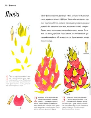 50 •Фрукты
Ягода
Рисуя эту ягоду, окуните кисть в зеле-
ный и желтый, и, делая мазки сверху
вниз, нарисуйте листья. Можно до на-
чала рисования ногтем сделать на поверх-
ности бумаги овальные насечки, отмечаю-
щие внешние границы плода.
Плоды драконовой ягоды,растущей вАзии (особенно во Вьетнаме),
стали широко доступны с 1996 года. Это плоды светящегося как-
туса (семейство Cereus, который так назвали из-за использования
растения для освещения после того, как оно высыхает), который
бываетяркого светло-вишневого или фиолетового цветов. После
того как плодыразрезают и охлаждают, они приобретают пре-
красный тонкий вкус. Ихможно есть как дыню, оставляя только
тонкуюкожуру.
Смешайте светло-вишневый цвет
(здесь лучше подойдут японские
краски), а кончик кисти окуните
в более темный красный. Держа кончик
кисти вертикально, сделайте одним движе-
нием мазки вокруг зеленых полосок. Поста-
райтесь добиться правильной формы.
Когда плод полностью дорисован,
а рисунок несколько подсох и стал
влажным (уже не мокрым), малень-
кой кисточкой с тушью нарисуйте отмети-
ны, как показано. Там, где лист отклоняется
наружу, получается бугристая кожура.
Делайте мазки более живыми.
 