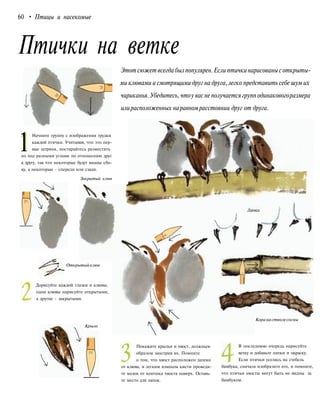60 • Птицы и насекомые
Птички на ветке
Этот сюжет всегдабылпопулярен.Если птички нарисованысоткрыты-
ми клювами и смотрящими друг на друга,легко представить себе шум их
чириканья. Убедитесь, чтоу васне получается групп одинаковогоразмера
илирасположенных наравномрасстоянии друг от друга.
1
Начните группу с изображения грудки
каждой птички. Учитывая, что это пер-
вые штрихи, постарайтесь разместить
их под разными углами по отношению друг
к другу, так что некоторые будут видны сбо-
ку, а некоторые - спереди или сзади.
Закрытый клюв
Открытый клюв
Дорисуйте каждой глазки и клювы;
одни клювы нарисуйте открытыми,
а другие - закрытыми.
Крыло
Покажите крылья и хвост, должным
образом заострив их. Помните
о том, что хвост расположен далеко
от клюва, и легким взмахом кисти проведи-
те мазок от кончика хвоста наверх. Оставь-
те место для лапок.
Коранастволесосны
В последнюю очередь нарисуйте
ветку и добавьте лапки и окраску.
Если птички уселись на стебель
бамбука, сначала изобразите его, и помните,
что птичьи хвосты могут быть не видны за
бамбуком.
 