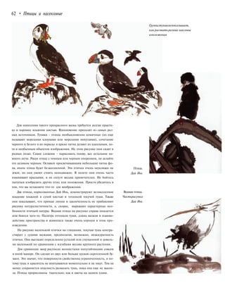 62 • Птицы и насекомые
Группатупиковпоказывает,
какрисовать разные наклоны
иположения
Для нанесения такого прекрасного мазка требуется долгая практи-
ка и хорошее владение кистью. Вдохновение приходит из самых раз-
ных источников. Тупики - птицы необыкновенно комичные (их еще
называют морскими клоунами или морскими попугаями), сочетание
черного и белого в их окраске и яркие пятна делают их идеальным, хо-
тя и необычным объектом изображения. На этом рисунке они сидят в
разных позах. Самое сложное - нарисовать голову, все остальное на-
много легче. Рисуя птицу с темным или черным оперением, не делайте
его целиком черным. Оставьте просвечивающим небольшие пятна фо-
на, иначе птица будет безжизненной. Эти птички очень неуклюжи на
земле, но они умеют стоять неподвижно. В полете они очень часто
взмахивают крыльями, и их силуэт весьма примечателен. Не бойтесь
пытаться изобразить других птиц или положения. Просто убедитесь в
том, что вы оставляете что-то для воображения.
Две птицы, нарисованные Дай Инь, демонстрируют великолепное
владение влажной и сухой кистью и техникой текучей туши. Также
они показывают, что прямые линии и законченность не прибавляют
рисунку натуралистичности, а, скорее, выражают характерные осо-
бенности птичьей натуры. Водная птица на рисунке справа опасается
или боится чего-то. Палитра оттенков туши, длина мазков и взаимо-
действие пространства и живописи также очень хороши в этом про-
изведении.
На рисунке маленькой птички на глицинии, текучая тушь контра-
стирует с сухими мазками, предполагая, возможно, неаккуратность
птички. Она выглядит определенно усталой или смущенной и доволь-
но маленькой по сравнению с изгибами весьма крупного растения.
Для сравнения: веер расписан волнистыми попугайчиками совсем
в иной манере. Он сделан из двух или больше кусков скрепленной бу-
маги. Это значит, что поверхности свойственна ограниченность, и по-
тому тушь и краситель не впитываются моментально и не текут. Тем не
менее сохраняется опасность размазать тушь, пока она еще не высох-
ла. Птицы прорисованы тщательно, как и цветы на заднем плане.
Птица.
Дай Инь
Водная птица.
Частьрисунка
Дай Инь
 