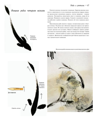 Изящная рыбка четырьмя мазками
Рыбы и рептилии • 67
Плавники
указывают
на скорость
Плавники
обознача-
ют медли-
тельность
Спрятать кончик
Отметьте разницу положения плавников. Характер рисунка нахо-
дится в зависимости от угла плавников: распахнутые наружу плавни-
ки предполагают медленную скорость, плотно прижатые - плавное
движение. Постарайтесь представить хвост и плавники, думая об их
структуре. Поверните ладони наружу. Сожмите и разожмите пальцы -
так работают и рыбьи плавники. Помните об этом в процессе рисо-
вания.
Пресноводная рыба водится в прудах, неторопливых реках и быст-
рых потоках. Различие мест обитания определяет яркость или приглу-
шенность тонов. Их можно написать тушью, взяв краску как вспомога-
тельное средство или для фона. Можете изображать хорошо узнавае-
мые виды или маленьких рыбок, таких как кильку или пескаря. Главное
достижение - показать рыбу в ее среде и лишь обозначить ее движение
и скорость. Живописные изображения рыб обычно радостные и пол-
ные стремительного движения.
Маленькаярыбкаминимальным количестваммазков и фон
 