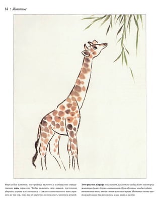 84 • Животные
Рисуя любое животное, постарайтесь включить в изображение опреде-
ляющие черты характера. Чтобы развивать свои навыки, постепенно
убирайте штрихи или пятнышки с каждого нарисованного вами вари-
анта до тех пор, пока вы не научитесь использовать минимум деталей.
Этот рисунок жирафа показывает, какможно изображать некоторых
животныхдажесдругихконтинентов.Ногиобрезаны,чтобысоздать
впечатление того, что он стоит в высокой траве.Поднятая голова про-
должаетлинию движения тела и шеи вверх, клистве.
 