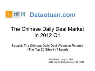 Dataotuan.com

The Chinese Daily Deal Market
         in 2012 Q1
Special: The Chinese Daily Deal Websites Pyramid
           - The Top 20 Sites in 4 Levels


                         Published: May 2, 2012
                        Data source: Dataotuan.com 2012 Q1
 