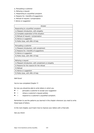 a. Persuading a customer
b. Refusing a request
C. Responding to unjustified complaint
d. Reasons for / benefits of suggestions
e. Refusal of request / compensation
f. Advice or suggestion
Answer
Responding to unjustified complaint
1) Pleasant introduction, with empathy
2) Complete explanation of the situation
3) Refusal of request / compensation
4) Advice or suggestion
5) Polite close, with offer of help
Persuading a customer
1) Pleasant introduction, with compliment
2) Reasons for / benefits of suggestions
3) Advice or suggestion
4) Polite close, with offer of help
Refusing a request
1) Pleasant introduction, with compliment or empathy
2) Reasons for the reasons for the refusal
3) Refusal
4) Advice or suggestion
5) Polite close, with offer of help
Well Done!
You've now completed Chapter 7!
By now you should be able to write letters in which you
 l persuade a customer to accept your suggestion
 l refuse a customer's request politely
 l respond to a customer's unjustified complaint.
Remember to use the patterns you learned in this chapter whenever you need to write
these types of letters.
In the next chapter, you'll learn how to improve your letters with a final edit.
See you there!
https://www.facebook.com/hoc.huynhba 105
 
