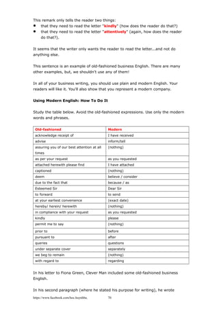 This remark only tells the reader two things:
 that they need to read the letter "kindly" (how does the reader do that?)
 that they need to read the letter "attentively" (again, how does the reader
do that?).
It seems that the writer only wants the reader to read the letter...and not do
anything else.
This sentence is an example of old-fashioned business English. There are many
other examples, but, we shouldn't use any of them!
In all of your business writing, you should use plain and modern English. Your
readers will like it. You'll also show that you represent a modern company.
Using Modern English: How To Do It
Study the table below. Avoid the old-fashioned expressions. Use only the modern
words and phrases.
Old-fashioned Modern
acknowledge receipt of I have received
advise inform/tell
assuring you of our best attention at all
times
(nothing)
as per your request as you requested
attached herewith please find I have attached
captioned (nothing)
deem believe / consider
due to the fact that because / as
Esteemed Sir Dear Sir
to forward to send
at your earliest convenience (exact date)
hereby/ herein/ herewith (nothing)
in compliance with your request as you requested
kindly please
permit me to say (nothing)
prior to before
pursuant to after
queries questions
under separate cover separately
we beg to remain (nothing)
with regard to regarding
In his letter to Fiona Green, Clever Man included some old-fashioned business
English.
In his second paragraph (where he stated his purpose for writing), he wrote
https://www.facebook.com/hoc.huynhba 70
 