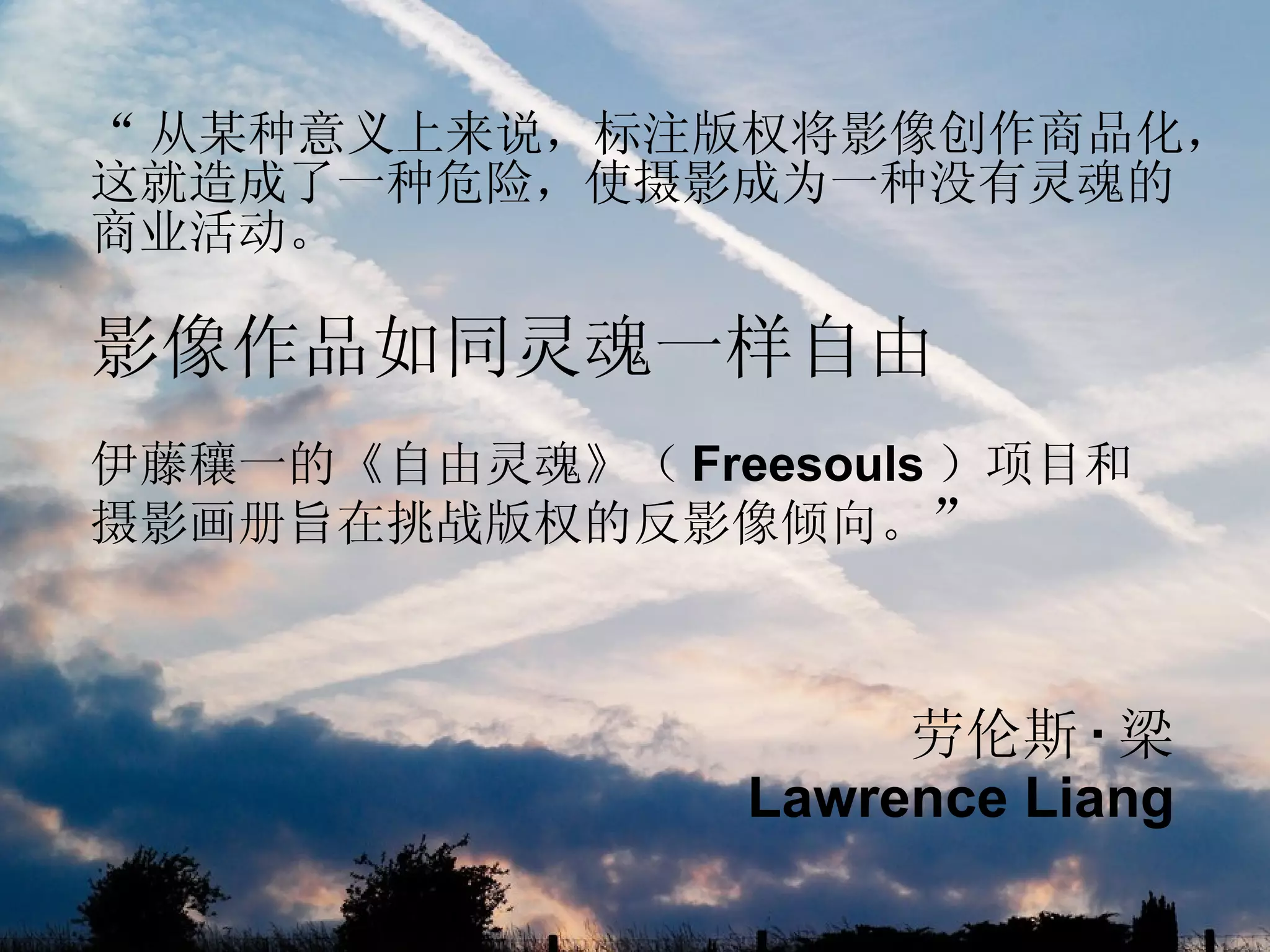 “ 从某种意义上来说，标注版权将影像创作商品化， 这就造成了一种危险，使摄影成为一种没有灵魂的 商业活动。 影像作品如同灵魂一样自由 伊藤穰一的《自由灵魂》（ Freesouls ）项目和 摄影画册旨在挑战版权的反影像倾向。 ” 劳伦斯 · 梁 Lawrence Liang 