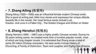 • 7. Zhang Ailing (张爱玲)
Zhang Ailing (1920—1995) was an influential female modern Chinese writer.
She is good at writing sad, bitter love stories and expresses her unique attitude
towards life in the novels. Her most famous works include Lust,
Caution and Love in a Fallen City , The Golden Cangue and Written on Water.
• 8. Zhang Henshui (张恨水)
Zhang Henshui (1895 – 1967) was a highly prolific Chinese novelist. During his
50 years writing career, he created more than a hundred popular novels, most
of which are long chapter novels, It is estimated that Zhang wrote a total of
some 20 million Chinese characters. His best works include History of
Chunming, A Family of Distinction, Tears and Laughter and Eighty-One Dreams.
 